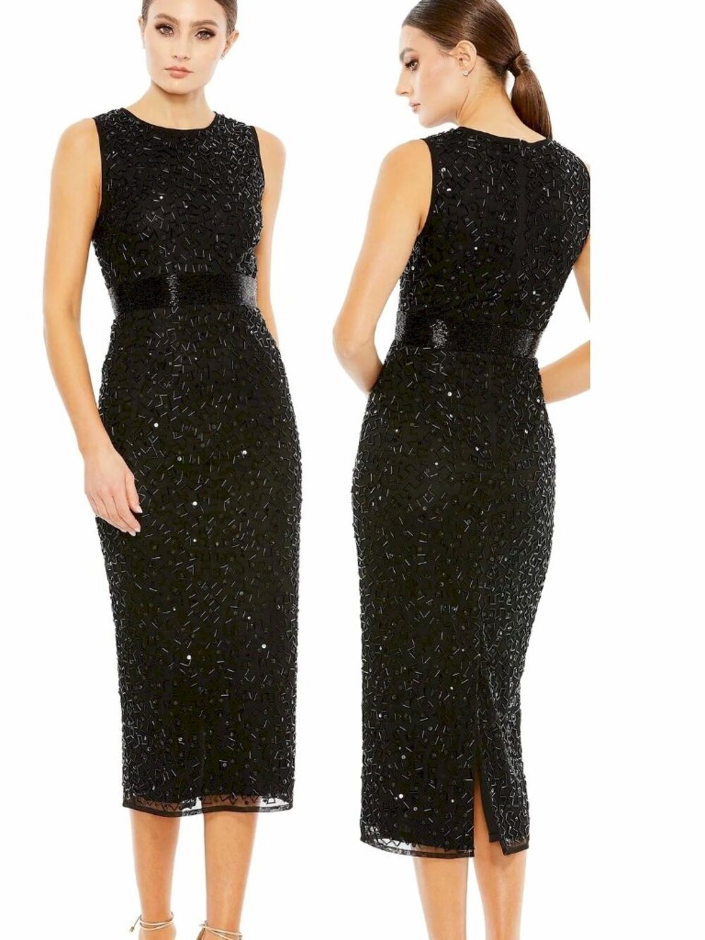 MAC DUGGAL STYLE 93758 BLACK GEOMETRIC BEAD DESIGN SLEEVELESS DRESS SIZE 10
